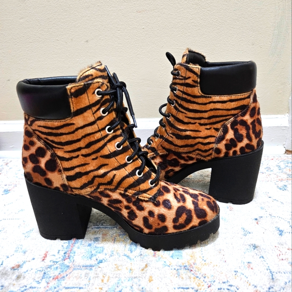 Aldo Nispel Mixed Animal Print Faux Horsehair Lug Sole Lace-Up Boots NWOB.